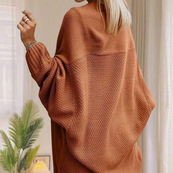 Brown Casual Women's Oversized Open Front Batwing Sleeve  Sweater Cardigan - Picture 6 of 6
